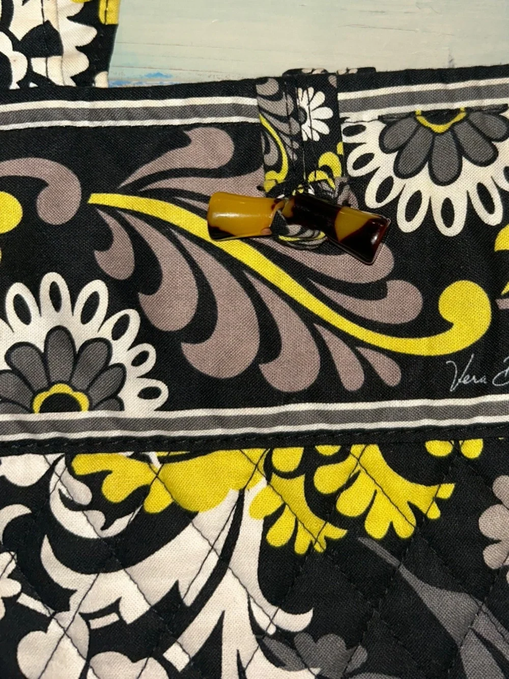 Vera Bradley Vintage Black/Off White/Yellow & Gray Tote Bag - Picture 2 of 6